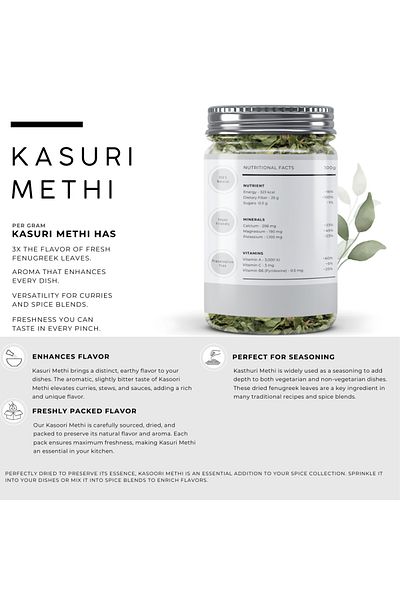 AWAFI MILL Kasuri Methi | Qasuri Methi | Dried Fenugreek Leaves | - Bottle of 100 gram / 3.5 Oz