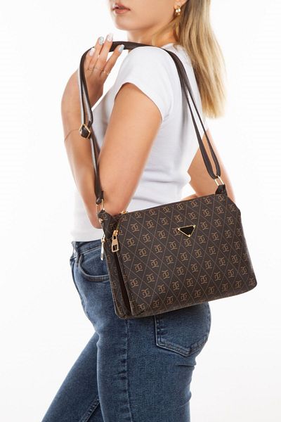 Newish Polo Geantă de umăr încrucișată cu curea lungă cu model monogramă pentru femei – maro