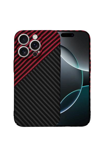 SKYDDAR INNOVATION IPhone 16 Pro Case, carbon texture, Carbonite FiberShell, Dark Red, sticker set