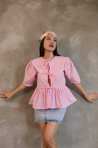 stcococix since 1990 Collarless Tie-Up Short Sleeve Shirt