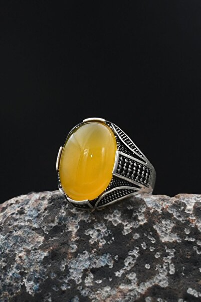 Prestige Erkek Yüzüğü Sarı Akik Taşlı 925 Ayar Gümüş Zirkon Taş Süslemeli 901770