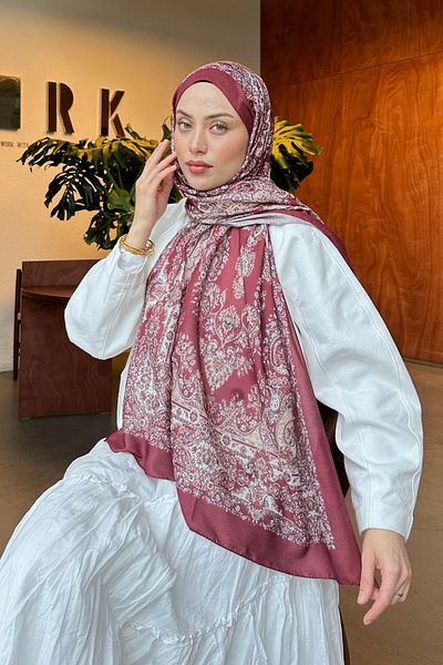 lamelif Retro Pattern Soft Shawl Claret Red