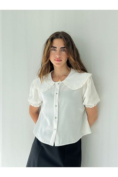 Retrobird Design Baby Guler Cămașă ușoară cu mâneci pepene verde pentru femei, albă