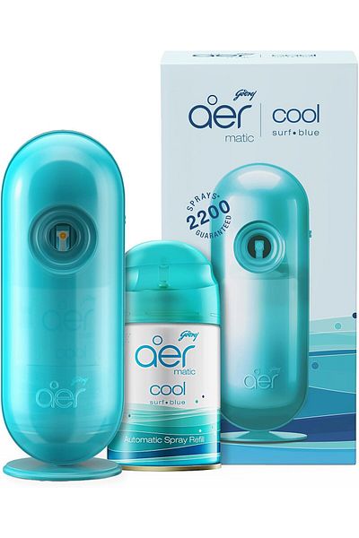 Godrej aer matic Automatic Air Freshener Auto Spray Kit with Flexi Control Cool Surf Blue 225 ml