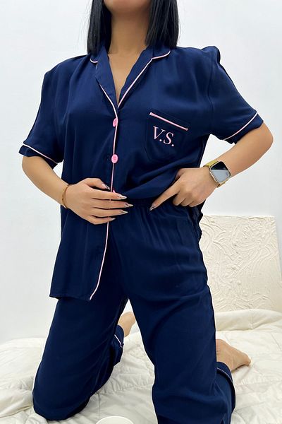FENZO Costum de pijama cu mânecă scurtă, albastru-marin-roz, pentru femei, cu buzunar cu nasturi din bumbac, cu detaliu de design