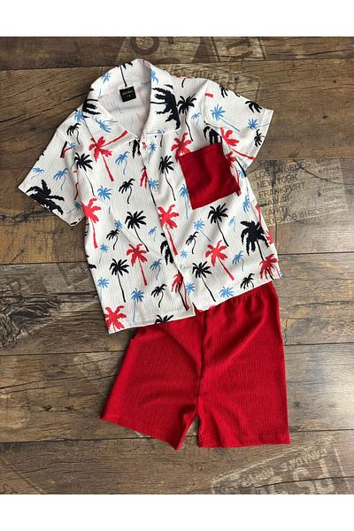 TRENDİMİZBİR Boys Palm Print Pocket Shirt and Linen Shorts Set – Red