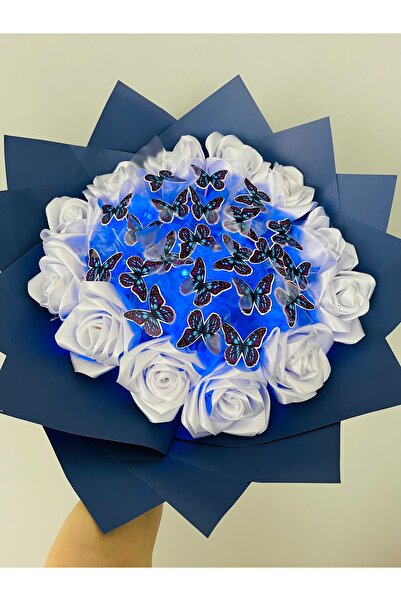 HediyeSepetim Kelebek buketi,solmayan gül buketli mavi ledli,sevgiliye hediye