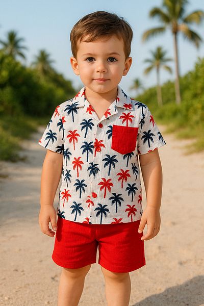 TRENDİMİZBİR Boys Palm Print Pocket Shirt and Linen Shorts Set – Red