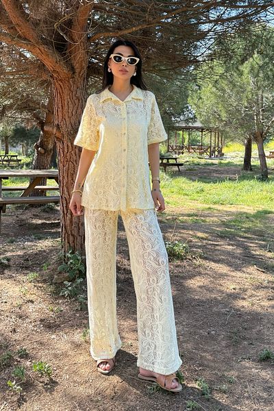 Seda Yalçın Atelier Yellow Lace Shirt Pants Set