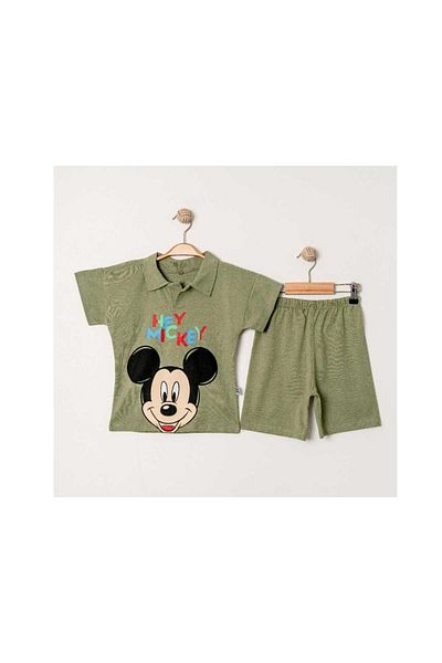 TRENDİMİZBİR Boy's Green Polo Neck Cheerful Character Printed Summer Shorts Suit