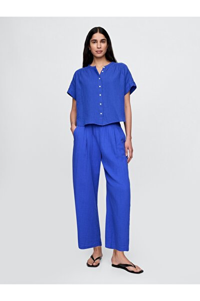 GAP Kadın Mavi Crinkle Gauze Easy Barrel Pantolon
