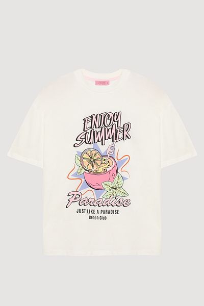 Quzu Colorful Cocktail Printed Short Sleeve T-Shirt Ecru