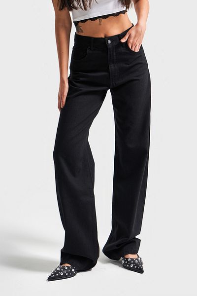 its basic Women's Black Color 1S5-1 Loose Fit Mid Waist Viscose Fabric 100% Cotton Denim Jean