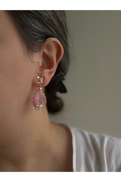 Owentis Pembe Damla Taşlı Kelebekli Ferry Küpe