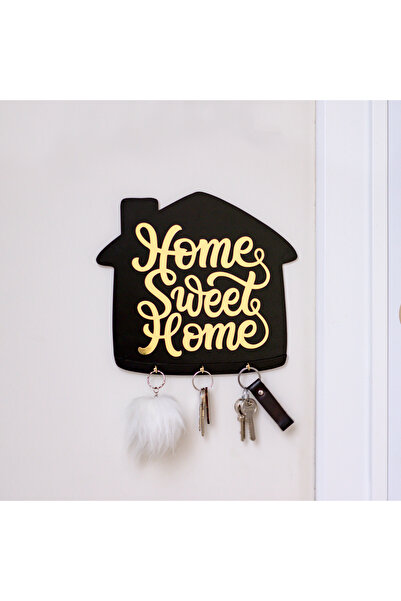 HippoDeco Gold Yazılı Siyah Ahşap Anahtar Askılığı – Home Sweet Home Duvar Dekoru