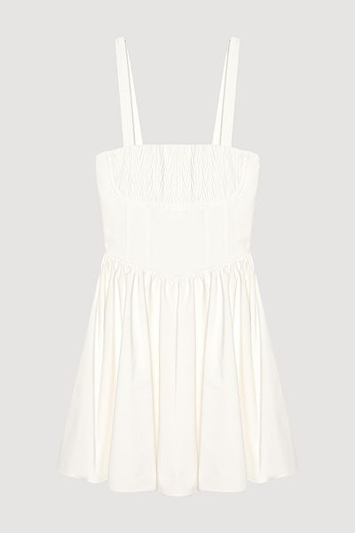 Quzu Thick Strap Pleated Mini Dress Ecru