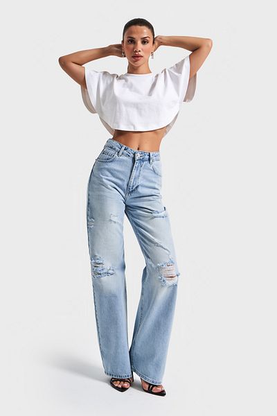 its basic Women's Snow Jeans Color 12S5-3 Straight Fit High Waist Inner Length 80 cm Ripped Detailed Denim Jean