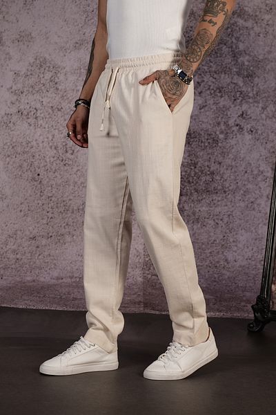 Butik TREND BIZ Παντελόνι με κανονική εφαρμογή από λινό ύφασμα Lycra με ελαστική μέση και κορδόνι