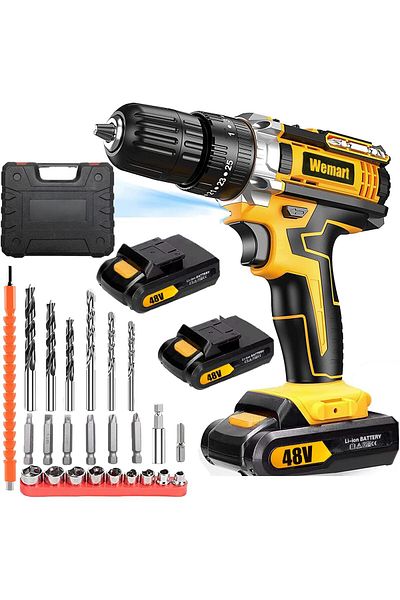 Wemart 48V Cordless Drill, 19 Positions and 24-Pieces Drill/Driver Accessories Kit