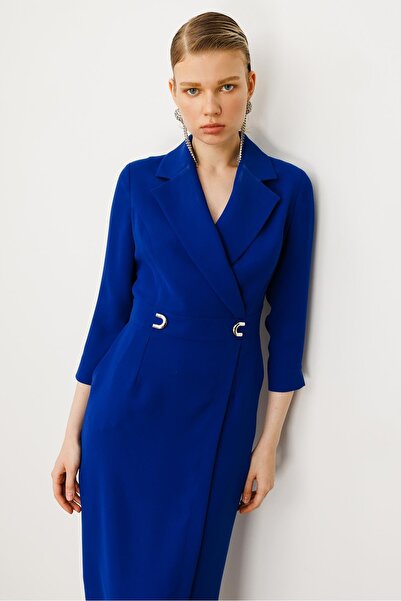 Moda İlgi Modailgi Beli Aksesuarlı Cepli Kruvaze Elbise Saks