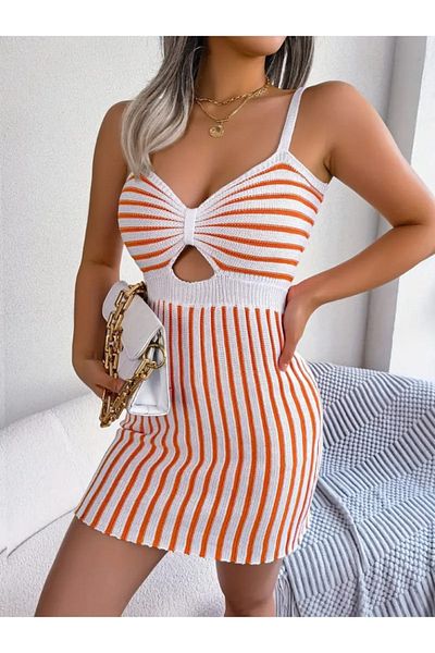 leyla sanat sanata yeni bir bakış açısı Leyla Art a New Perspective on Art Women's Sleeveless Strap Window Detail Stripe Pattern Mini Knitwear Elb