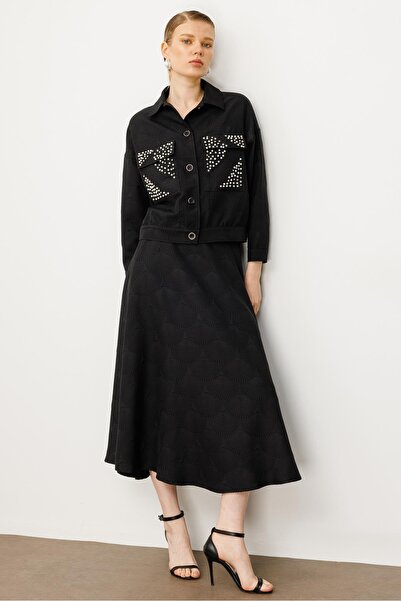 Moda İlgi Modailgi Cepleri İnci Detaylı Oversize Kısa Mont Siyah