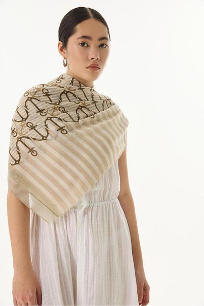 Luminos Butik Anchor Patterned Pareo Shawl in White Tones
