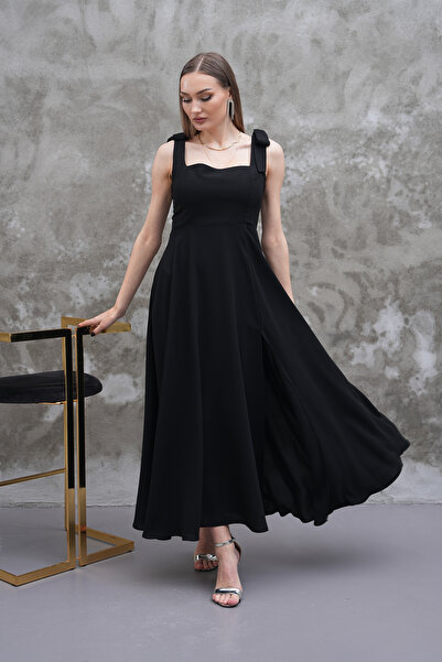 FARİKA Kalın Askılı Kare Yaka Yırtmaçlı Maxi Boy Kadın Abiye Elbise | Gece Şıklığı Düğün Davet Kombini