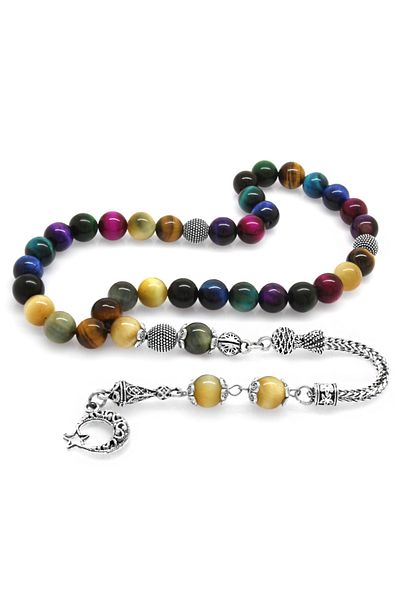 Tesbihane Non-Tarnish Metal Tasseled Globe Cut Multiple Tiger Eye Natural Stone Combination Rosary
