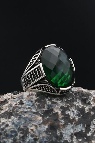 Prestige Erkek Yüzüğü Yeşil Zirkon Taşlı Zirkon Taş Süslemeli 925 Ayar Gümüş ...