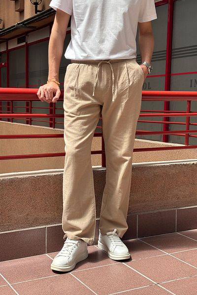inpool Male, Elastic Waist, Wide Cut, Linen Webbing, Cotton, Pleated Pants 302