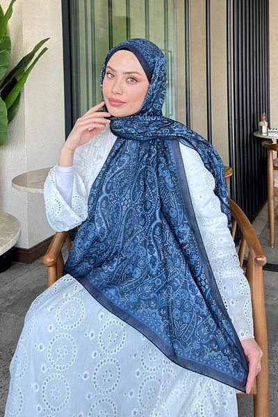 lamelif Retro Pattern Soft Shawl Navy Blue