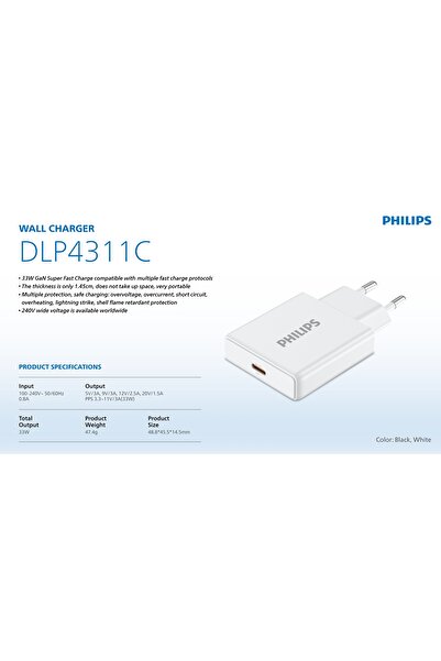 Philips Type-C Hızlı Şarj Adaptörü,33W PowerDelivery 3.0 + QuickCharge 3.0,Akım Korumalı,Slim Şarj,DLP4311C