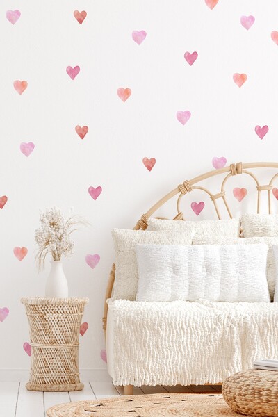 MSticker Kalp Sticker Seti, 77 adet Pembe Tonlarda Özel Kesim Duvar Cam Çocuk Odası Sticker, Soft Kalpler