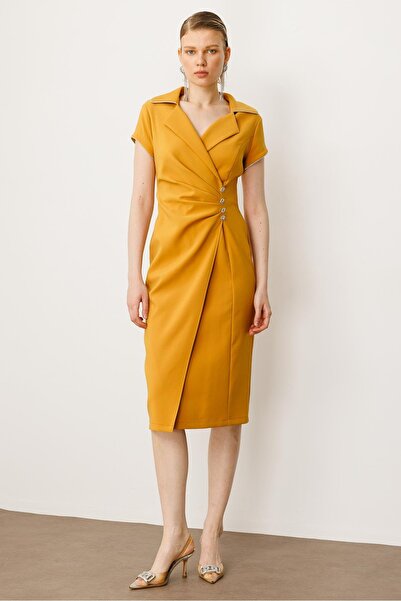 Moda İlgi Modailgi Belde Pile Detaylı Ay Kol Midi Boy Elbise Hardal