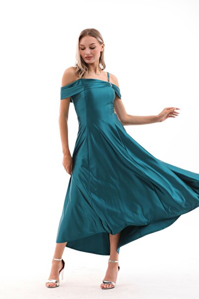 FARİKA Omuz Detaylı Asimetrik Maxi Yeşil Saten Rüya Abiye Elbise | Mezuniyet Düğün Davet Şık Gece
