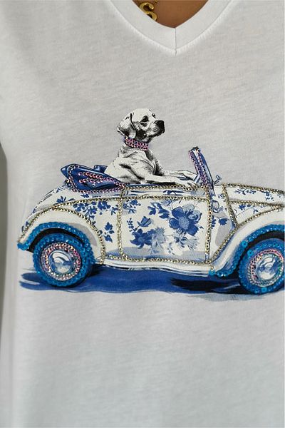 FEMELLE Tricou alb pentru femei, cu decolteu în V, cu paiete și broderie, 100% bumbac