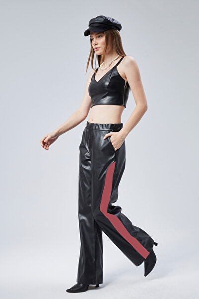 CEDY DENIM High Quality Women's Black-Red Palazzo High Waist Faux Leather Pants C622