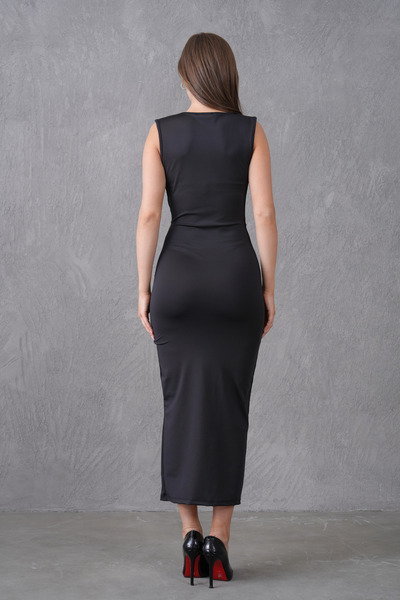 bayansepeti Rochie midi neagră pentru femei, din material elastic, cu draperie și detaliu de fante, cu accesorii cu stele 13606