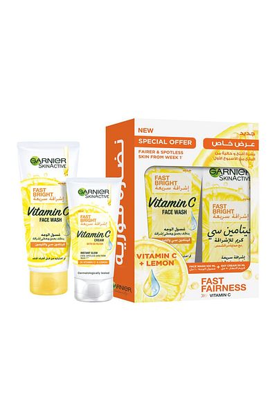 Garnier SkinActive Fast Bright Skincare Routine - Face Wash 100ml and Day Cream 50ml