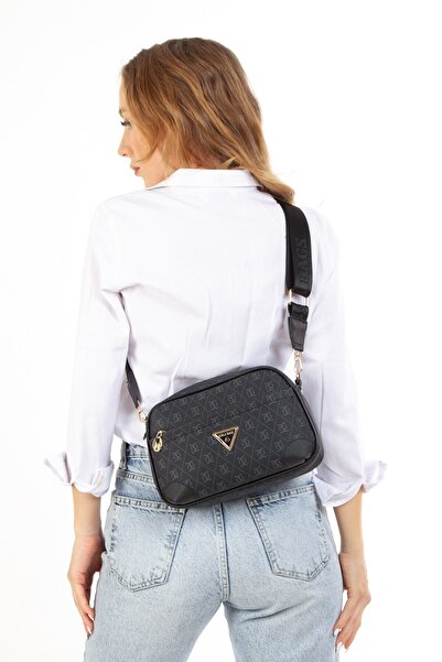 Newish Γυναικεία τσάντα ώμου με μαύρο μονόγραμμα με μακρύ λουράκι