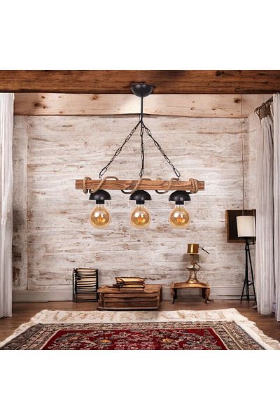 OSC HOME AYDINLATMA TASARIM Rustic Wooden Chandelier 3-Piece Rope Chandelier