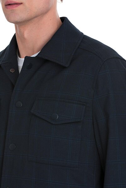 Hatemoğlu Lacivert Slim Fit Kareli Mono Yaka Overshirt Takım
