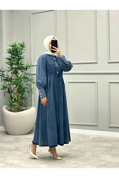 OlaLady Women's Sleeves Cuffed Leather Belt Hijab Denim Jeans Dress