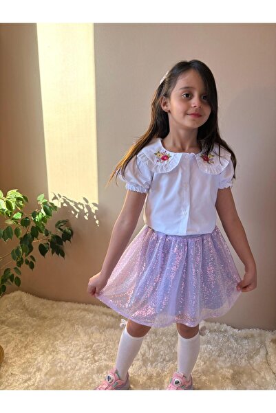 chacharon KIZ ÇOCUK NAKIŞ İŞLEMELİ YAKALI BEYAZ GÖMLEK PULLU ETEKLİ ELBİSE
