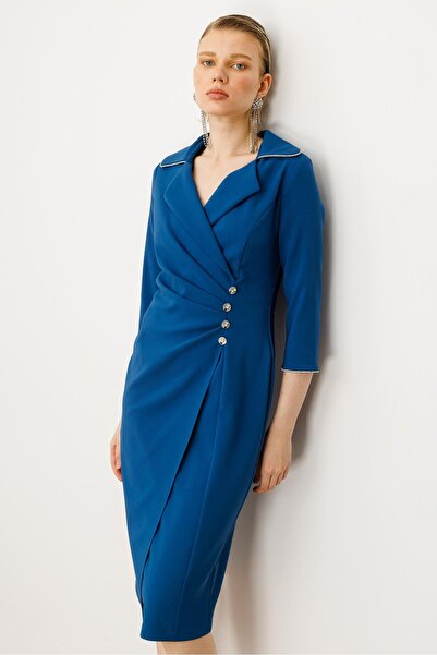 Moda İlgi Modailgi Belde Pile Detaylı Truvakar Kol Midi Boy Elbise Petrol Mavisi