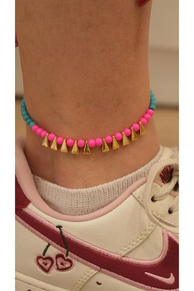 Jerie Gold Triangle Plate Pink Blue Bead Anklet