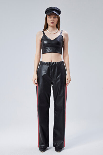 CEDY DENIM High Quality Women's Black-Red Palazzo High Waist Faux Leather Pants C622