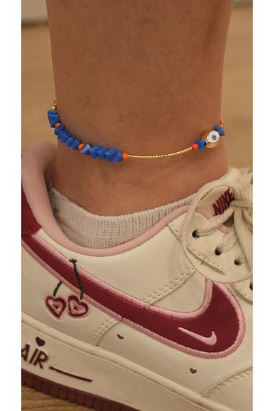 Jerie Gold Pipe Plate Evil Eye Bead Crystal Stone Anklet