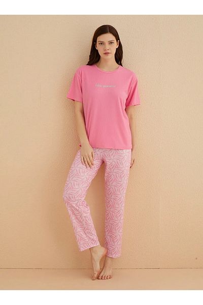My Blog Pink Crew Neck Short Sleeve Pajama Set - 70105